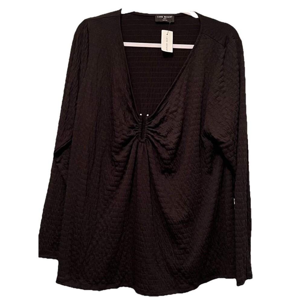 Lane Bryant Sz 18/20 Black Crinkle Knit LS Silver Hardware @ V Neckline NWT